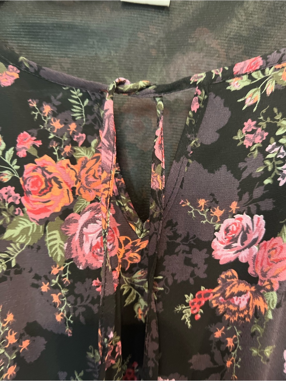 Boho Floral Chiffon Peasant Dress with Black Crochet Lace Accent Sleeves Sz S - Picture 5 of 6
